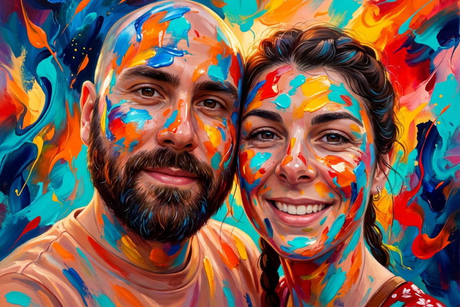 Tableau personnalisé Un couple souriant avec le visage peint de couleurs vives sur un fond coloré.